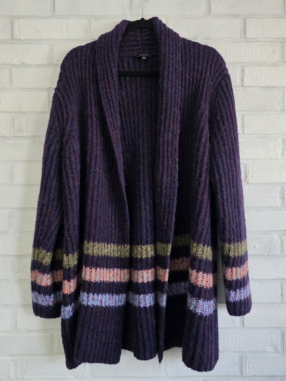 Talbots Purple Marl Three Stripe Cozy Open Front Cardigan Sweater Extra Large